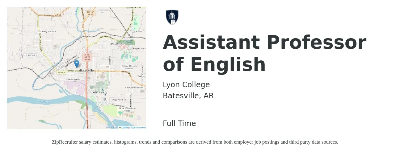 Lyon College job posting for a Assistant Professor of English in Batesville, AR with a salary of $53,800 to $81,700 Yearly with a map of Batesville location.