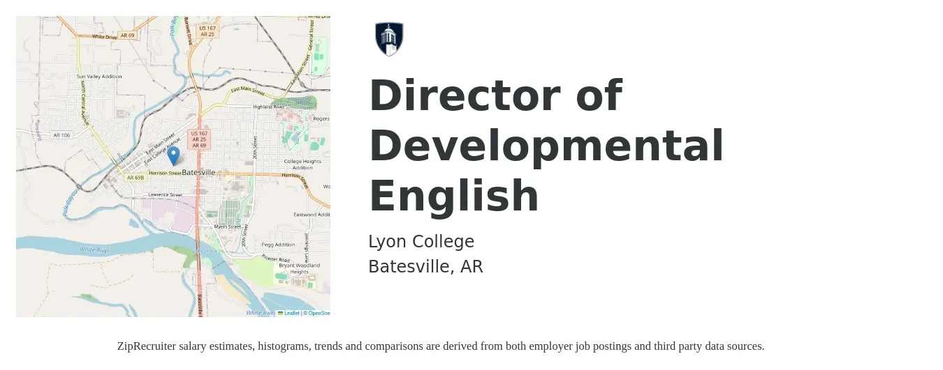 Lyon College job posting for a Director of Developmental English in Batesville, AR with a salary of $49,900 to $84,700 Yearly with a map of Batesville location.