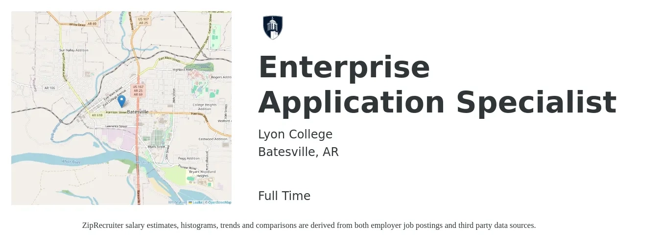 Lyon College job posting for a Enterprise Application Specialist in Batesville, AR with a salary of $48,900 to $99,800 Yearly with a map of Batesville location.