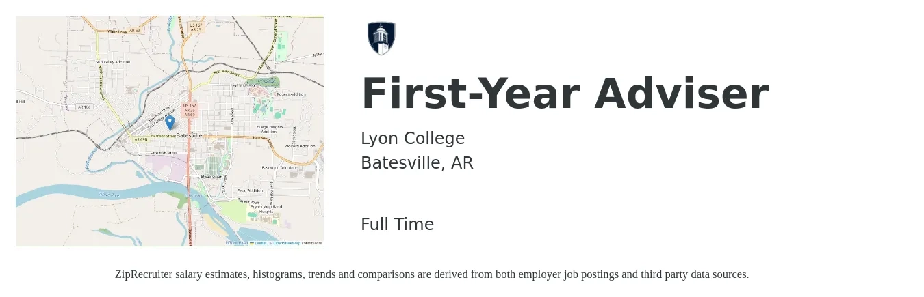 Lyon College job posting for a First-Year Adviser in Batesville, AR with a salary of $20 to $32 Hourly with a map of Batesville location.