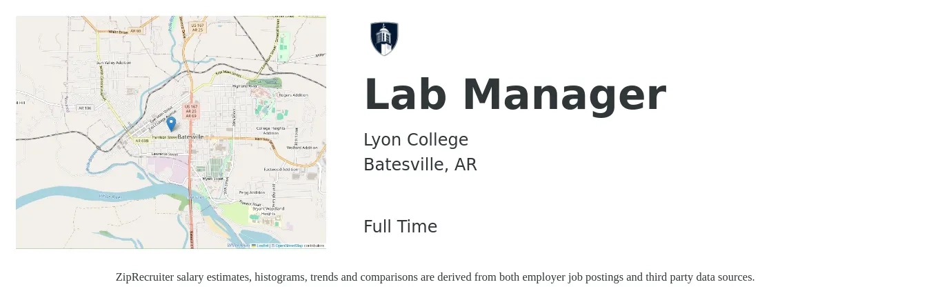 Lyon College job posting for a Lab Manager in Batesville, AR with a salary of $45,000 to $55,000 Yearly with a map of Batesville location.
