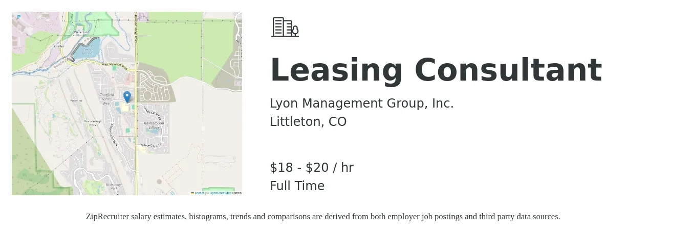 Lyon Management Group, Inc. job posting for a Leasing Consultant in Littleton, CO with a salary of $19 to $21 Hourly with a map of Littleton location.
