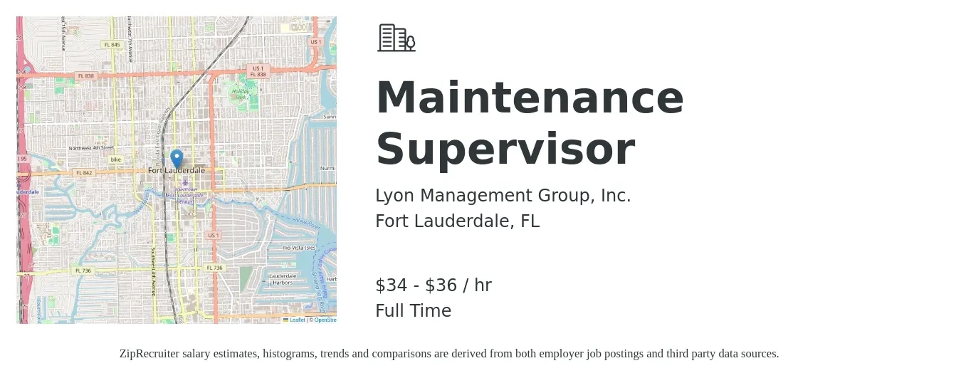 Lyon Management Group, Inc. job posting for a Maintenance Supervisor in Fort Lauderdale, FL with a salary of $36 to $38 Hourly with a map of Fort Lauderdale location.