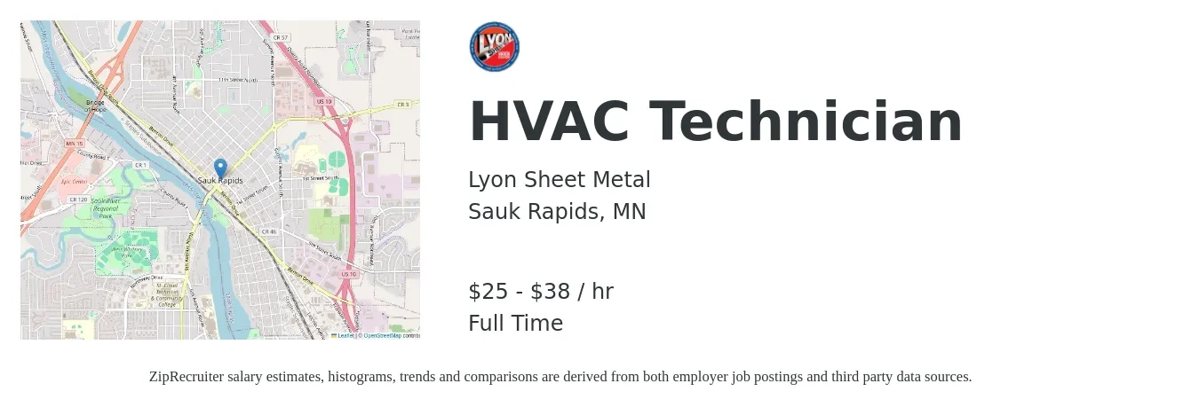 Lyon Sheet Metal job posting for a HVAC Technician in Sauk Rapids, MN with a salary of $27 to $40 Hourly with a map of Sauk Rapids location.
