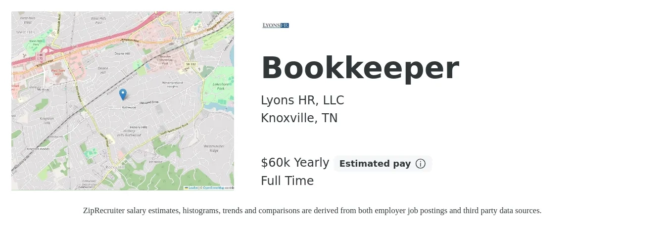 Lyons HR, LLC job posting for a Bookkeeper in Knoxville, TN with a salary of $55,000 Yearly with a map of Knoxville location.