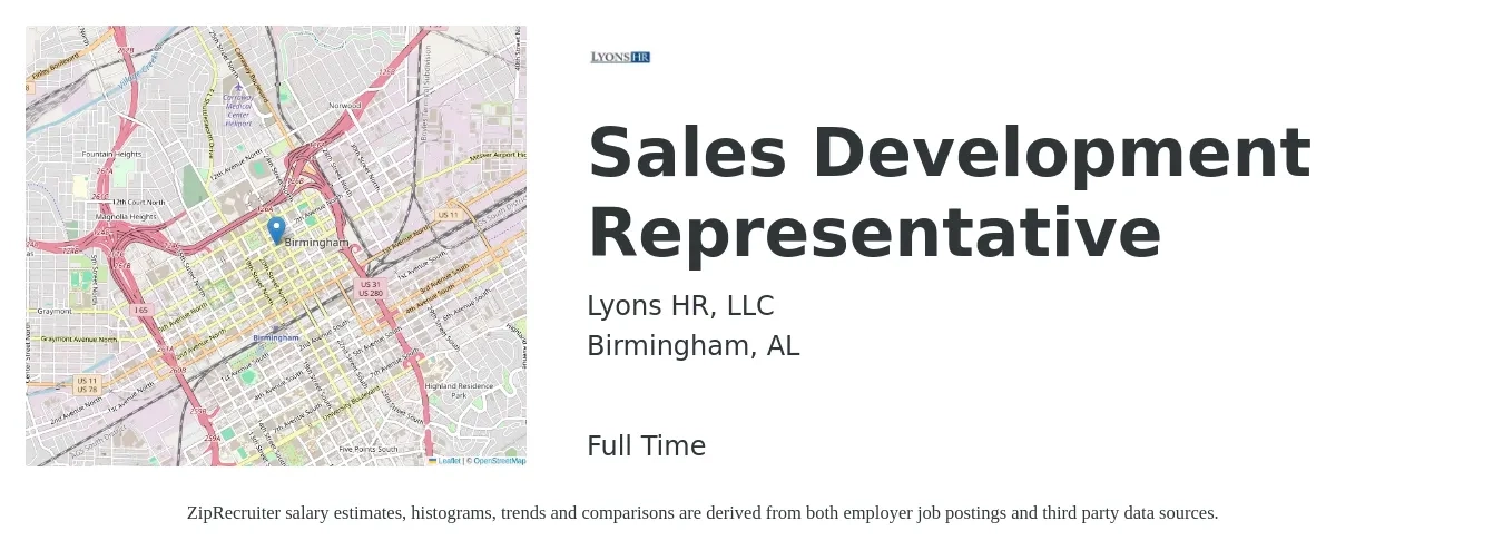 Lyons HR, LLC job posting for a Sales Development Representative in Birmingham, AL with a salary of $36,000 to $52,300 Yearly with a map of Birmingham location.