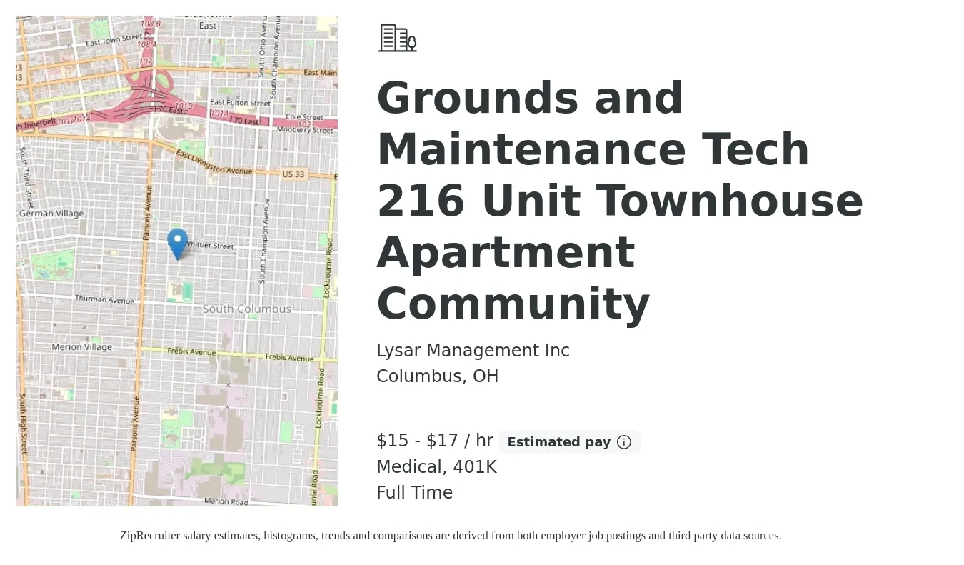 Lysar Management Inc job posting for a Grounds and Maintenance Tech 216 Unit Townhouse Apartment Community in Columbus, OH with a salary of $16 to $18 Hourly (plus commission) and benefits including 401k, and medical with a map of Columbus location.
