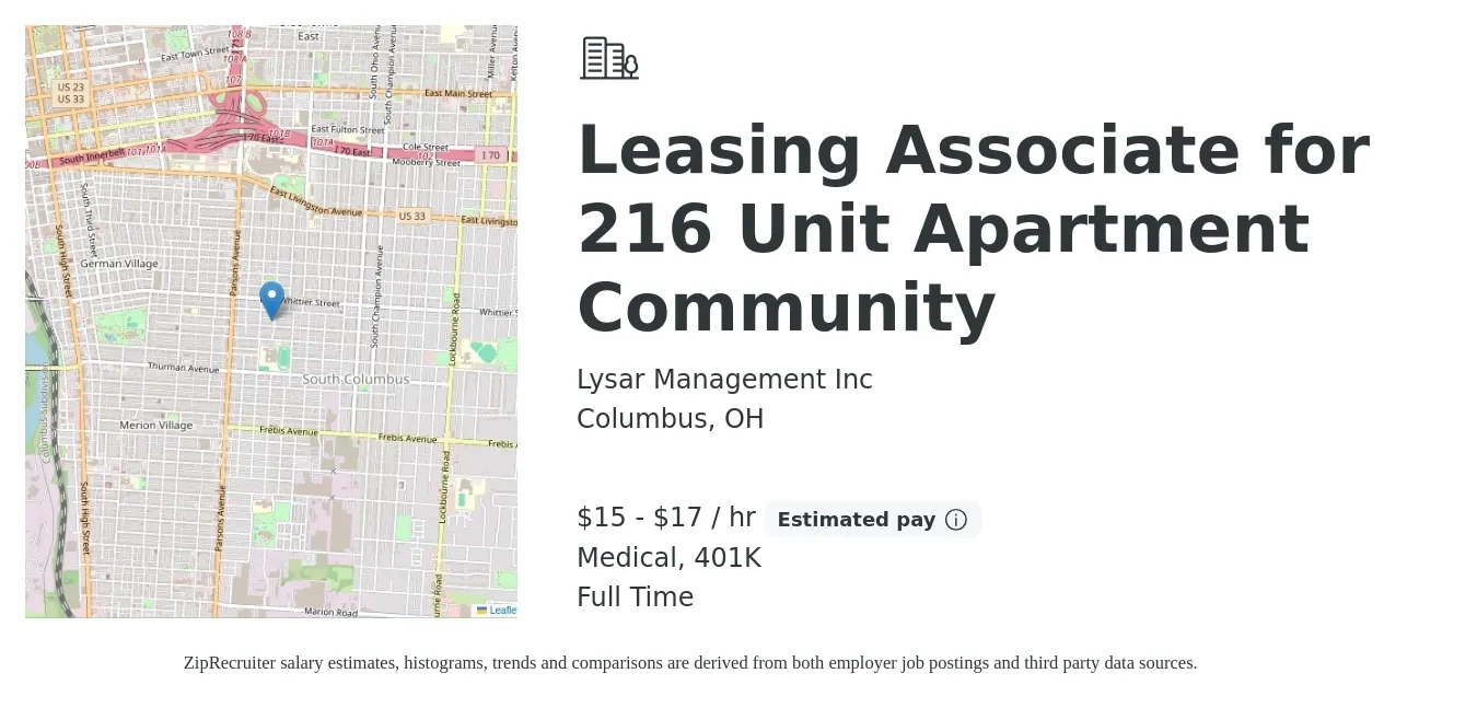 Lysar Management Inc job posting for a Leasing Associate for 216 Unit Apartment Community in Columbus, OH with a salary of $16 to $18 Hourly (plus commission) and benefits including 401k, and medical with a map of Columbus location.
