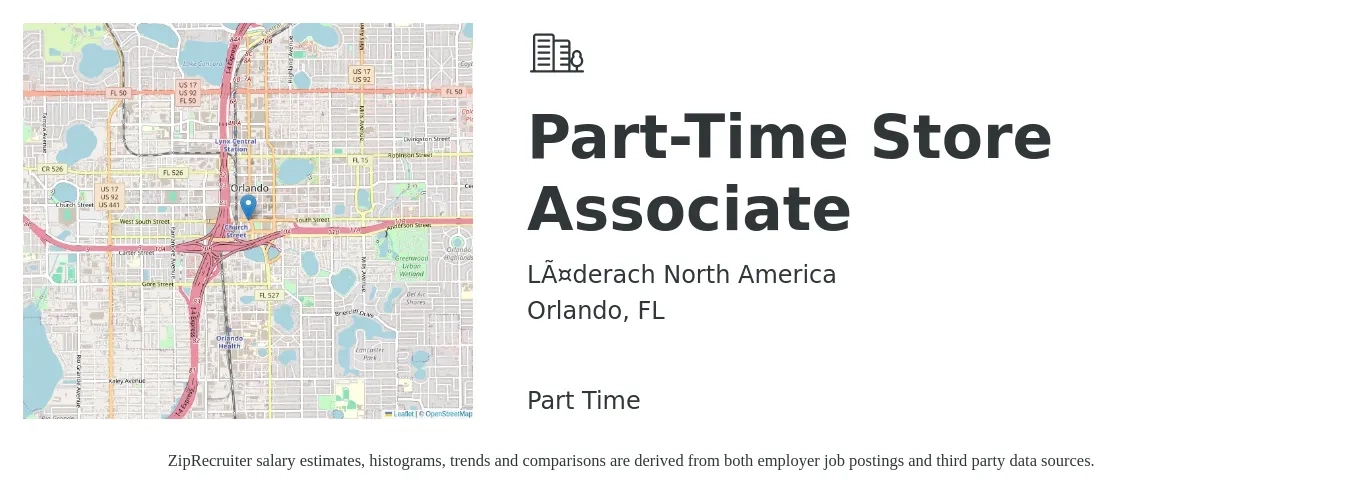 Läderach North America job posting for a Part-Time Store Associate in Orlando, FL with a salary of $13 to $14 Hourly with a map of Orlando location.