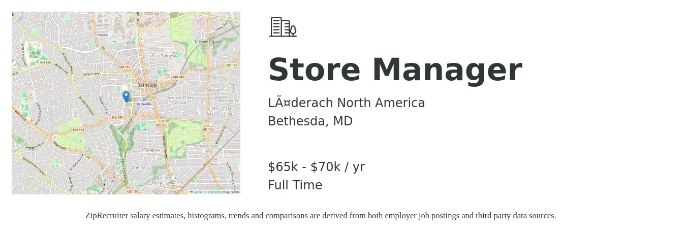 Läderach North America job posting for a Store Manager in Bethesda, MD with a salary of $65,000 to $70,000 Yearly with a map of Bethesda location.