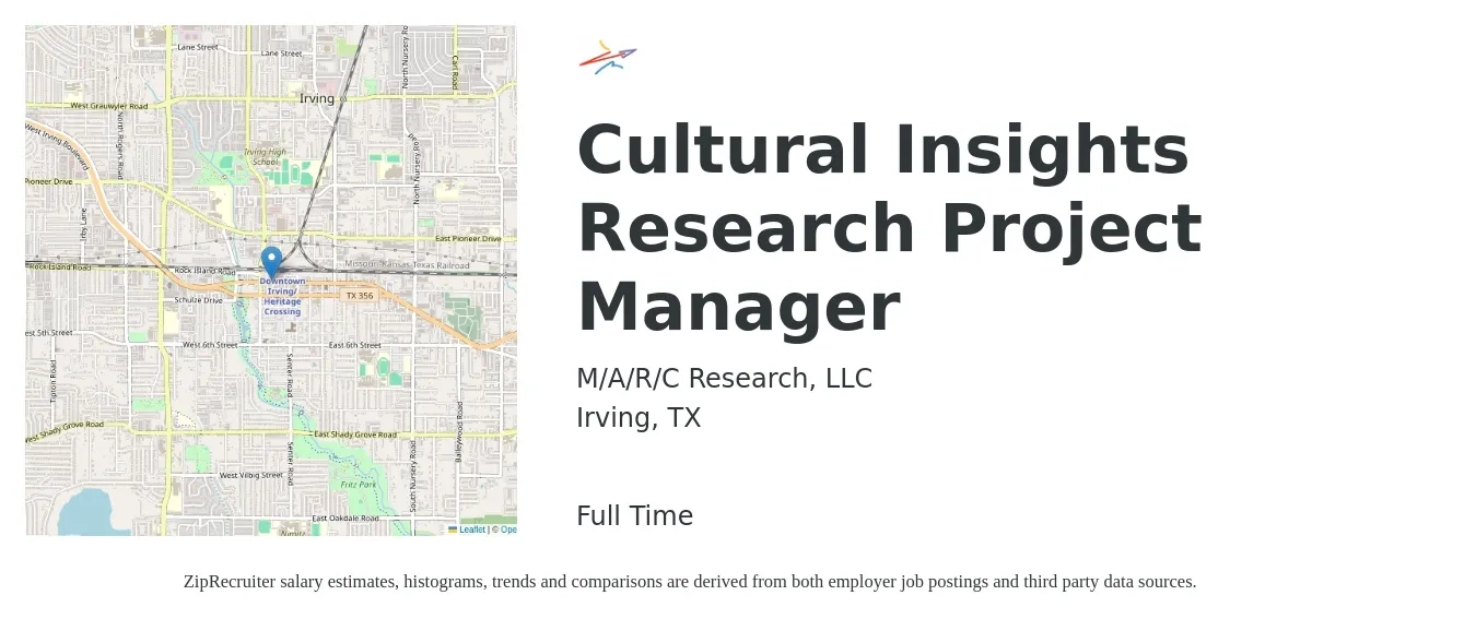 M/A/R/C Research, LLC job posting for a Cultural Insights Research Project Manager in Irving, TX with a salary of $66,400 to $84,900 Yearly with a map of Irving location.