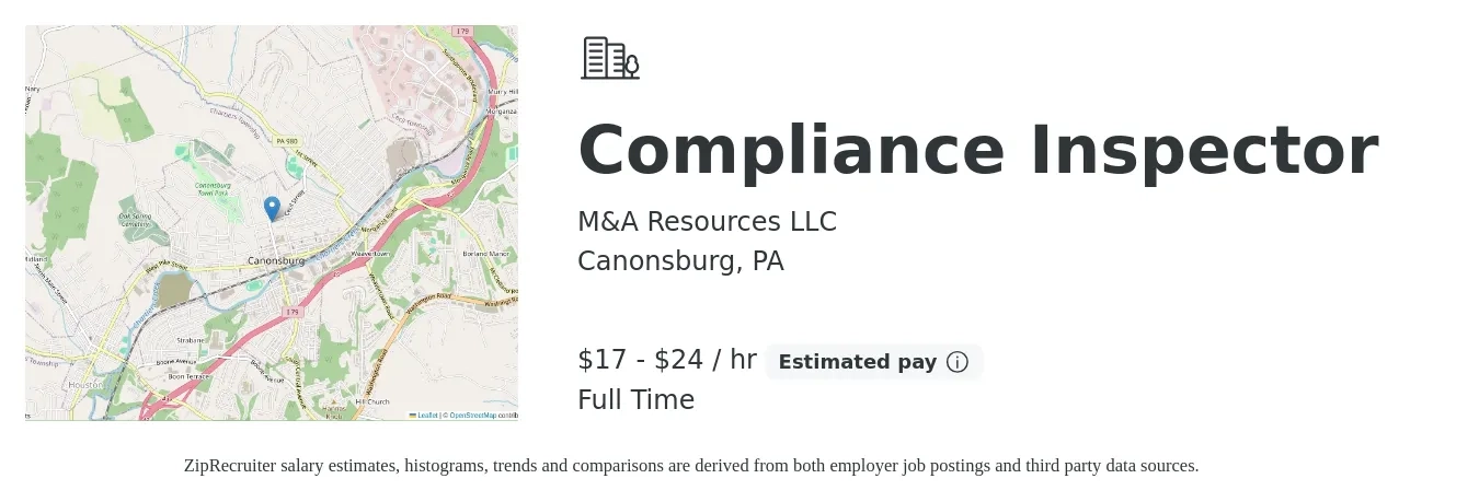 M&A Resources LLC job posting for a Compliance Inspector in Canonsburg, PA with a salary of $18 to $25 Hourly with a map of Canonsburg location.