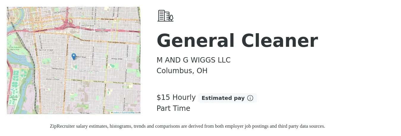 M AND G WIGGS LLC job posting for a General Cleaner in Columbus, OH with a salary of $16 Hourly with a map of Columbus location.
