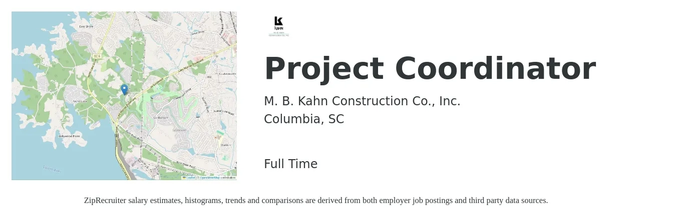 M. B. Kahn Construction Co., Inc. job posting for a Project Coordinator in Columbia, SC with a salary of $22 to $32 Hourly with a map of Columbia location.