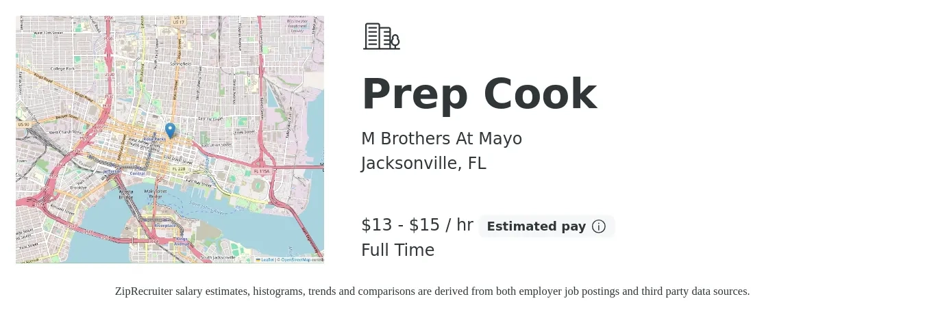 M Brothers At Mayo job posting for a Prep Cook in Jacksonville, FL with a salary of $14 to $16 Hourly with a map of Jacksonville location.