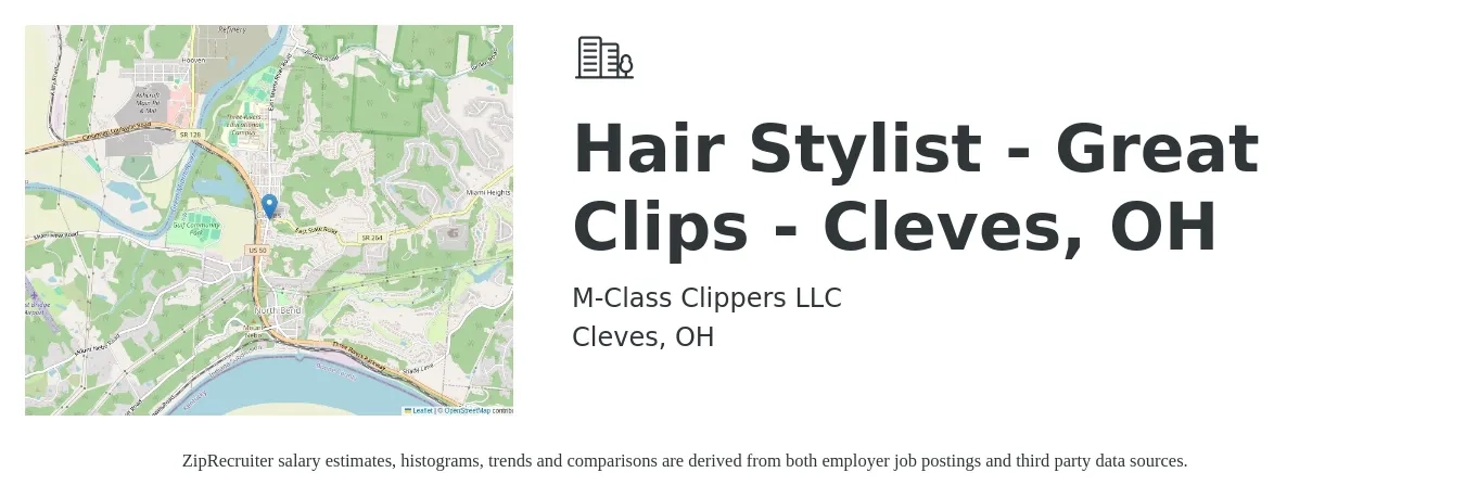 M-Class Clippers LLC job posting for a Hair Stylist - Great Clips - Cleves, OH in Cleves, OH with a salary of $16 to $23 Hourly with a map of Cleves location.
