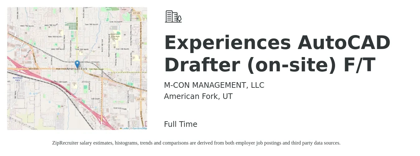 M-CON MANAGEMENT, LLC job posting for a Experiences AutoCAD Drafter (on-site) F/T in American Fork, UT with a salary of $20 to $25 Hourly with a map of American Fork location.