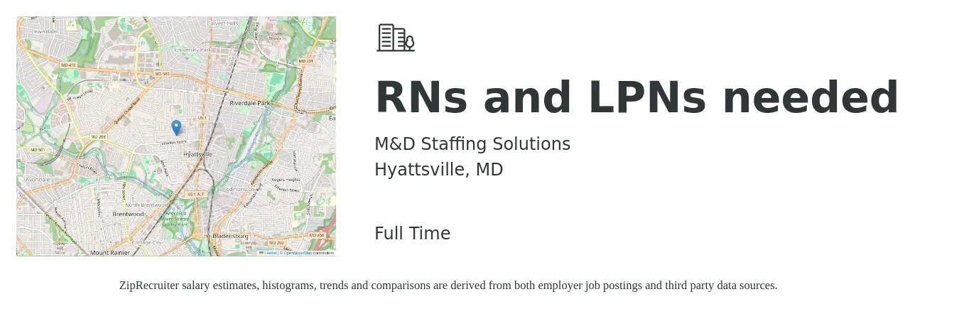 M&D Staffing Solutions job posting for a RNs and LPNs needed in Hyattsville, MD with a salary of $55 Hourly with a map of Hyattsville location.