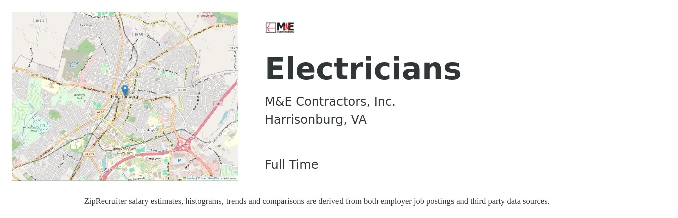 M&E Contractors, Inc. job posting for a Electricians in Harrisonburg, VA with a salary of $23 to $32 Hourly with a map of Harrisonburg location.