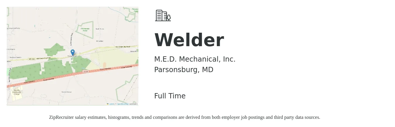 M.E.D. Mechanical, Inc. job posting for a Welder in Parsonsburg, MD with a salary of $18 to $24 Hourly with a map of Parsonsburg location.