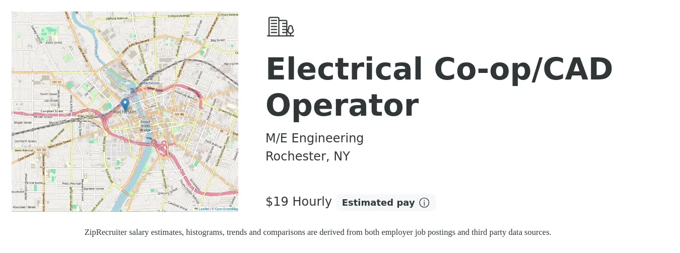 M/E Engineering job posting for a Electrical Co-op/CAD Operator in Rochester, NY with a salary of $20 Hourly with a map of Rochester location.
