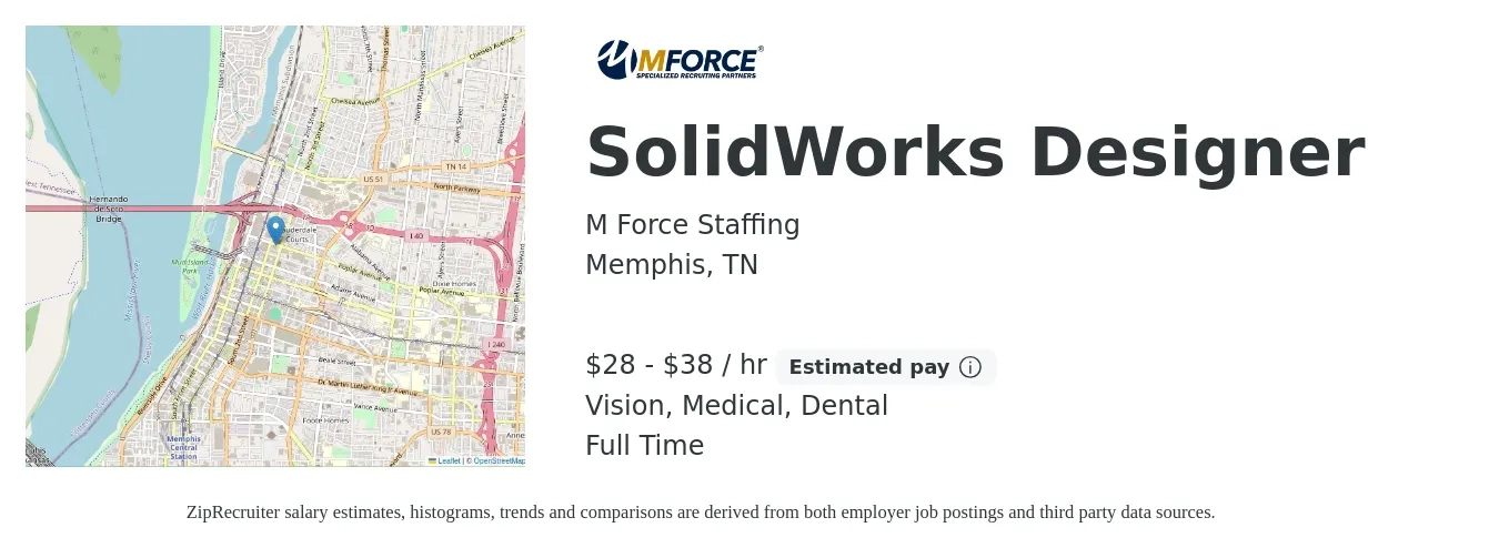 M Force Staffing job posting for a SolidWorks Designer in Memphis, TN with a salary of $30 to $40 Hourly and benefits including vision, dental, medical, and pto with a map of Memphis location.