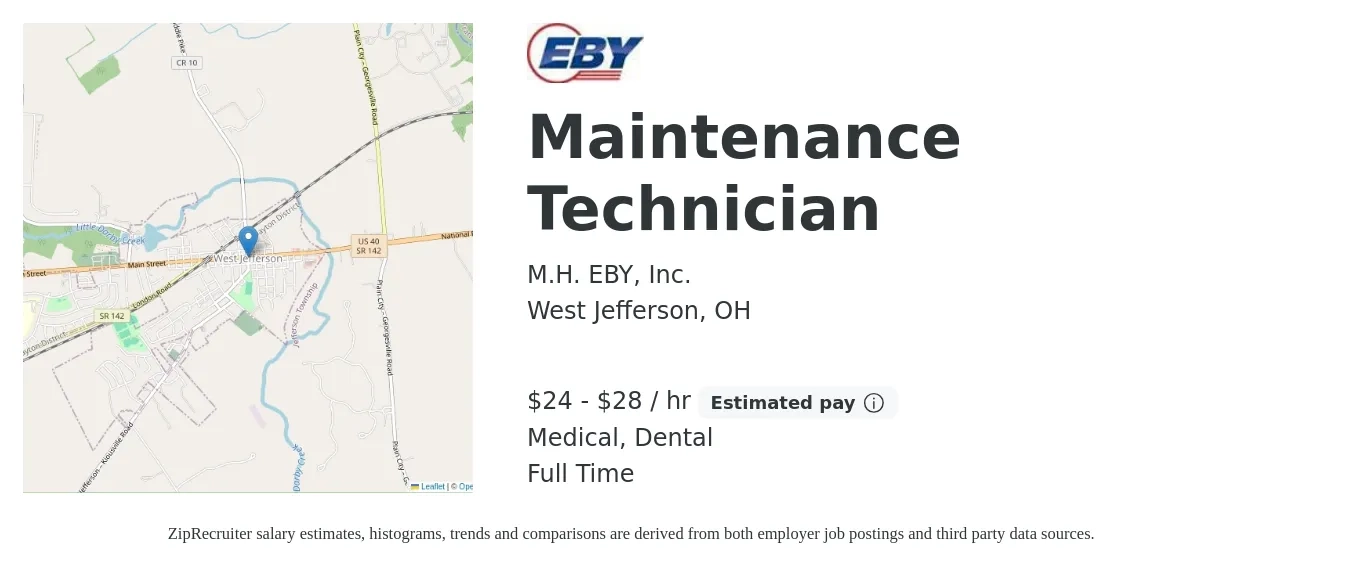 M.H. EBY, Inc. job posting for a Maintenance Technician in West Jefferson, OH with a salary of $25 to $30 Hourly and benefits including pto, retirement, dental, life_insurance, and medical with a map of West Jefferson location.
