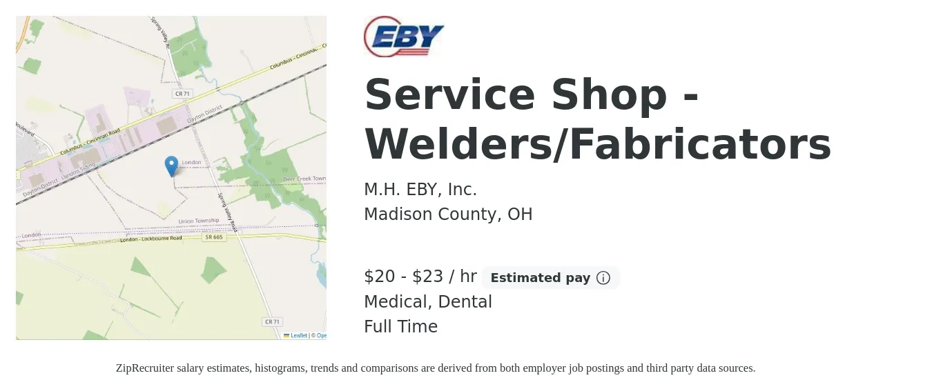 M.H. EBY, Inc. job posting for a Service Shop - Welders/Fabricators in Madison County, OH with a salary of $21 to $24 Hourly and benefits including dental, life_insurance, medical, pto, and retirement with a map of Madison County location.