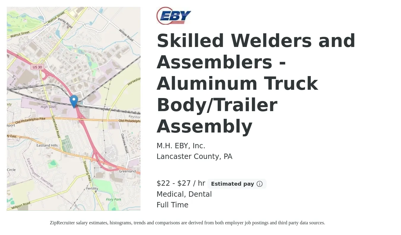 M.H. EBY, Inc. job posting for a Skilled Welders and Assemblers - Aluminum Truck Body/Trailer Assembly in Lancaster County, PA with a salary of $24 to $28 Hourly and benefits including dental, life_insurance, medical, pto, and retirement with a map of Lancaster County location.