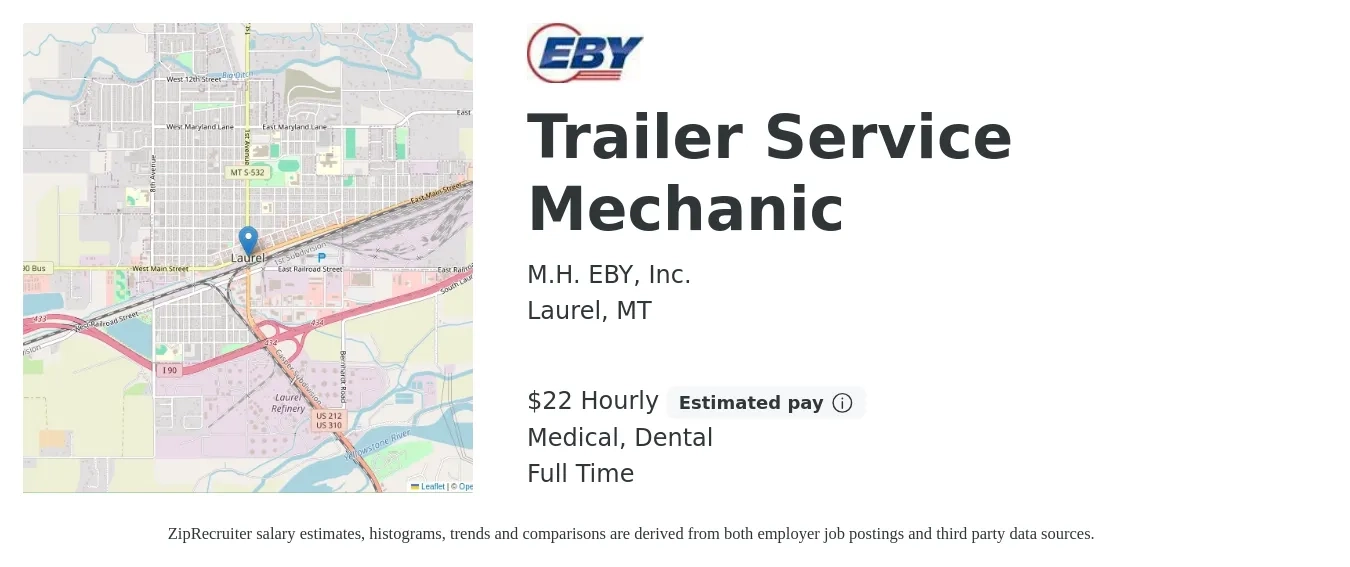 M.H. EBY, Inc. job posting for a Trailer Service Mechanic in Laurel, MT with a salary of $23 Hourly and benefits including dental, life_insurance, medical, pto, and retirement with a map of Laurel location.