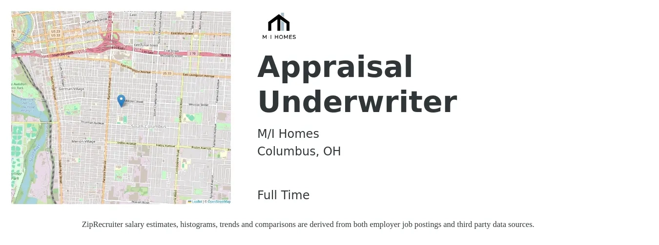 M/I Homes job posting for a Appraisal Underwriter in Columbus, OH with a salary of $58,900 to $84,000 Yearly with a map of Columbus location.