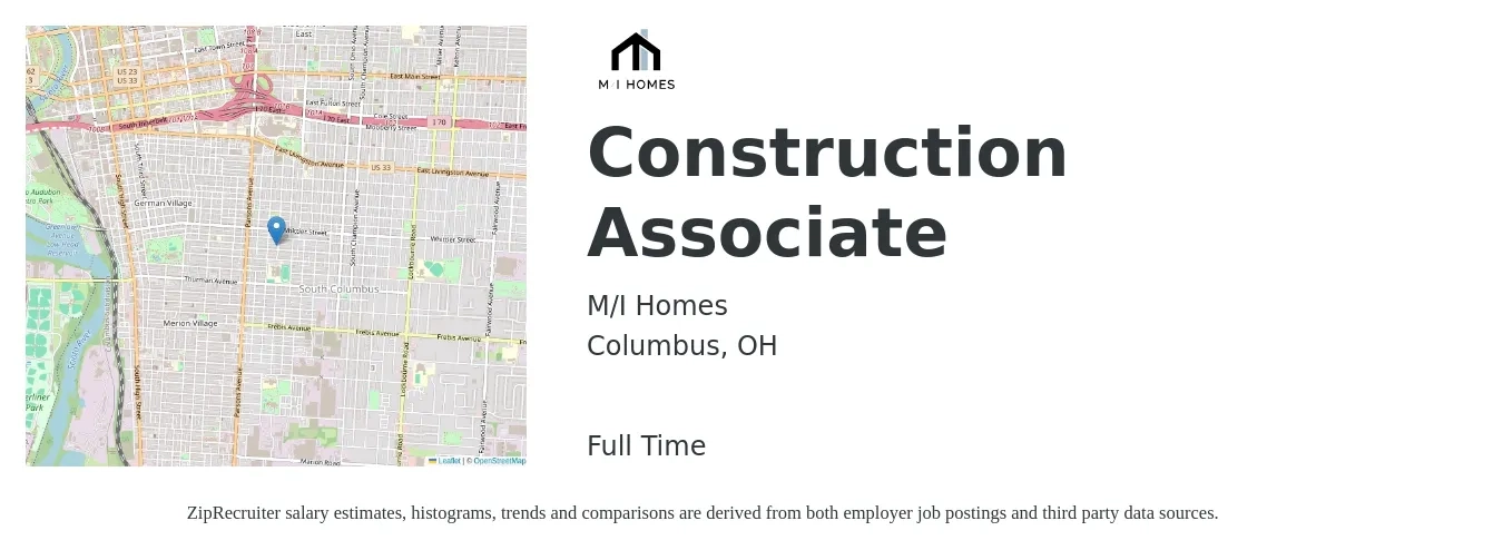 M/I Homes job posting for a Construction Associate in Columbus, OH with a salary of $68,600 to $111,600 Yearly with a map of Columbus location.
