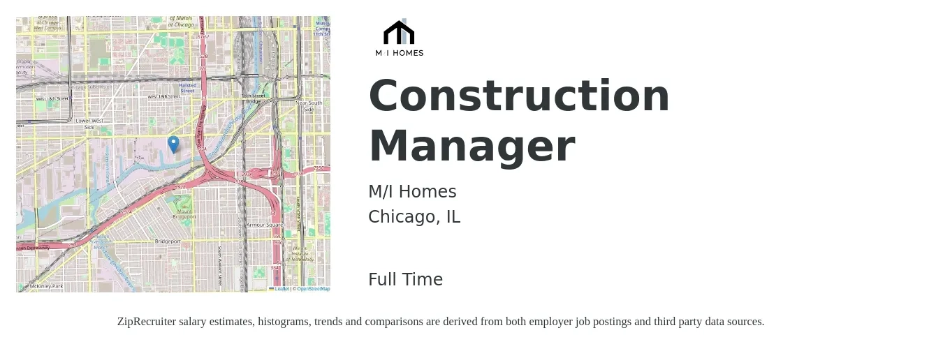 M/I Homes job posting for a Construction Manager in Chicago, IL with a salary of $73,100 to $119,000 Yearly with a map of Chicago location.