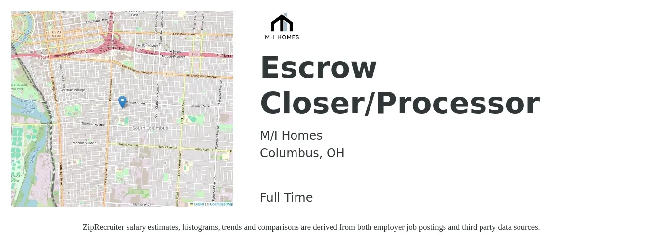 M/I Homes job posting for a Escrow Closer/Processor in Columbus, OH with a salary of $18 to $22 Hourly with a map of Columbus location.