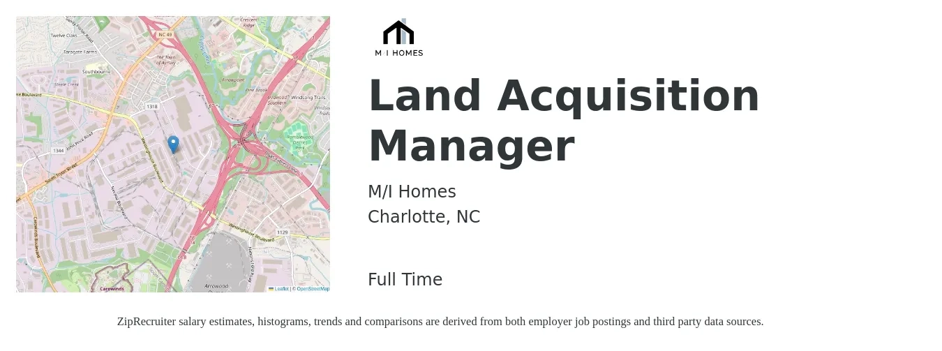 M/I Homes job posting for a Land Acquisition Manager in Charlotte, NC with a salary of $88,400 to $125,000 Yearly with a map of Charlotte location.
