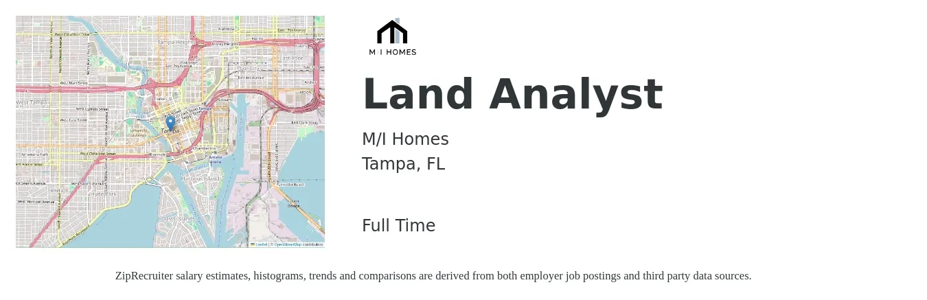 M/I Homes job posting for a Land Analyst in Tampa, FL with a salary of $67,100 to $94,500 Yearly with a map of Tampa location.