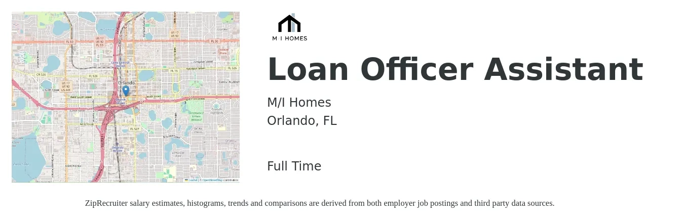 M/I Homes job posting for a Loan Officer Assistant in Orlando, FL with a salary of $35,000 to $47,600 Yearly with a map of Orlando location.
