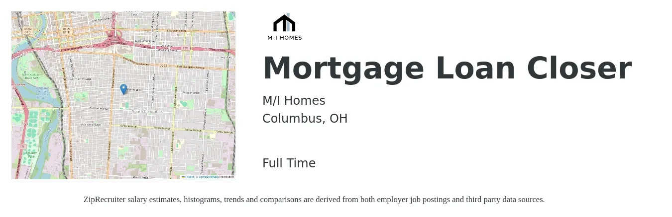 M/I Homes job posting for a Mortgage Loan Closer in Columbus, OH with a salary of $18 to $26 Hourly with a map of Columbus location.