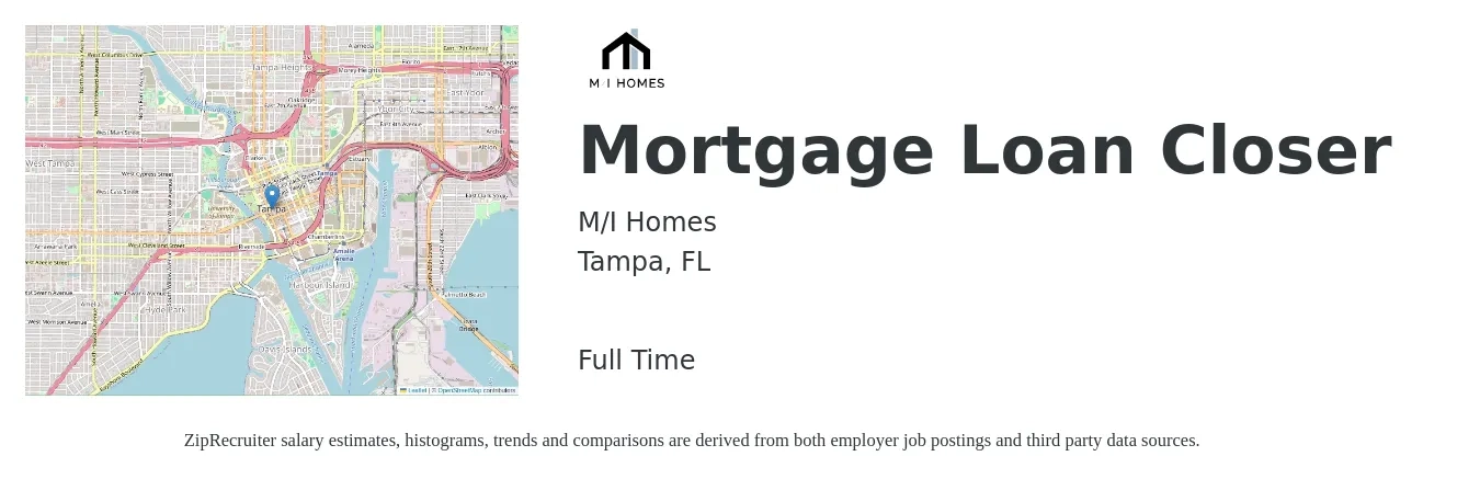 M/I Homes job posting for a Mortgage Loan Closer in Tampa, FL with a salary of $18 to $26 Hourly with a map of Tampa location.