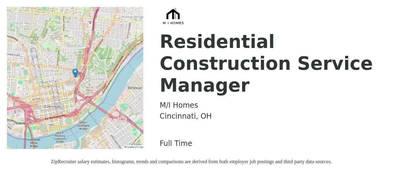 M/I Homes job posting for a Residential Construction Service Manager in Cincinnati, OH with a salary of $40,800 to $58,000 Yearly with a map of Cincinnati location.
