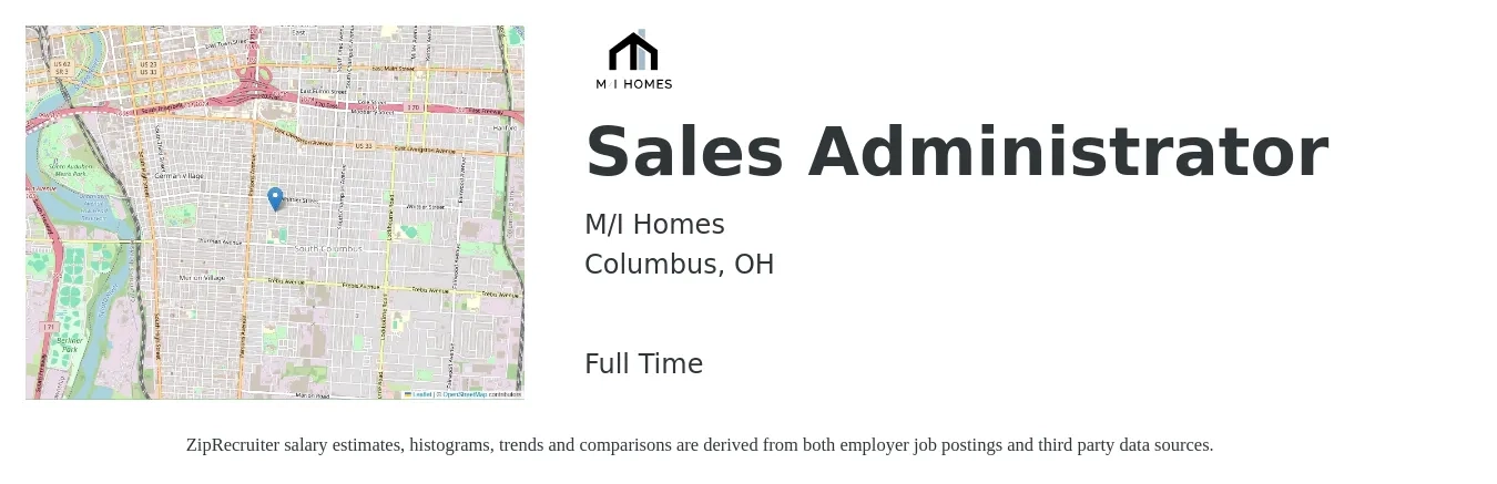 M/I Homes job posting for a Sales Administrator in Columbus, OH with a salary of $19 to $26 Hourly with a map of Columbus location.