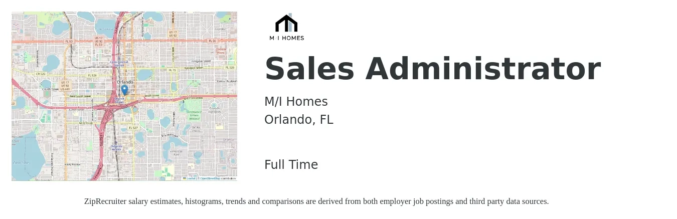 M/I Homes job posting for a Sales Administrator in Orlando, FL with a salary of $19 to $26 Hourly with a map of Orlando location.