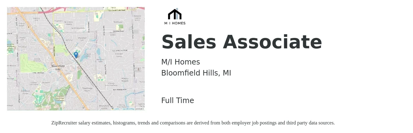 M/I Homes job posting for a Sales Associate in Bloomfield Hills, MI with a salary of $13 to $18 Hourly with a map of Bloomfield Hills location.