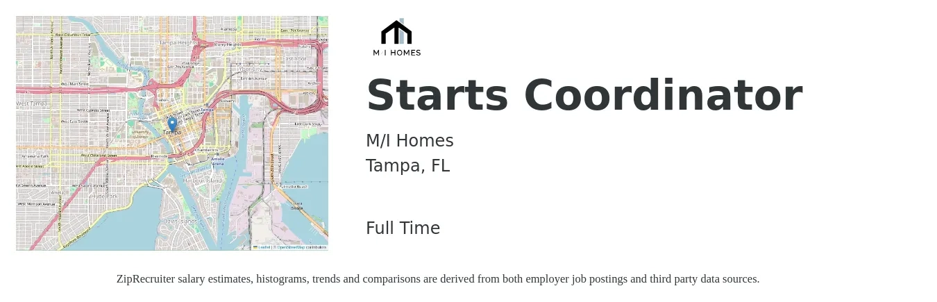 M/I Homes job posting for a Starts Coordinator in Tampa, FL with a salary of $21 to $33 Hourly with a map of Tampa location.