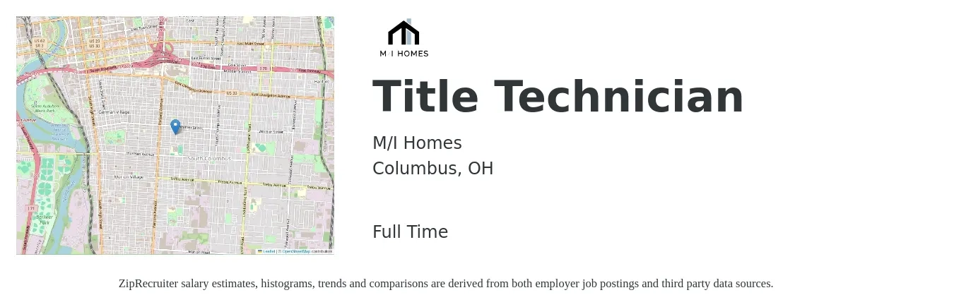 M/I Homes job posting for a Title Technician in Columbus, OH with a salary of $17 to $23 Hourly with a map of Columbus location.