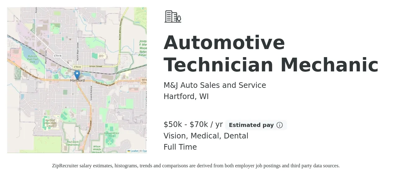 M&J Auto Sales and Service job posting for a Automotive Technician Mechanic in Hartford, WI with a salary of $50,000 to $70,000 Yearly and benefits including retirement, vision, dental, medical, and pto with a map of Hartford location.