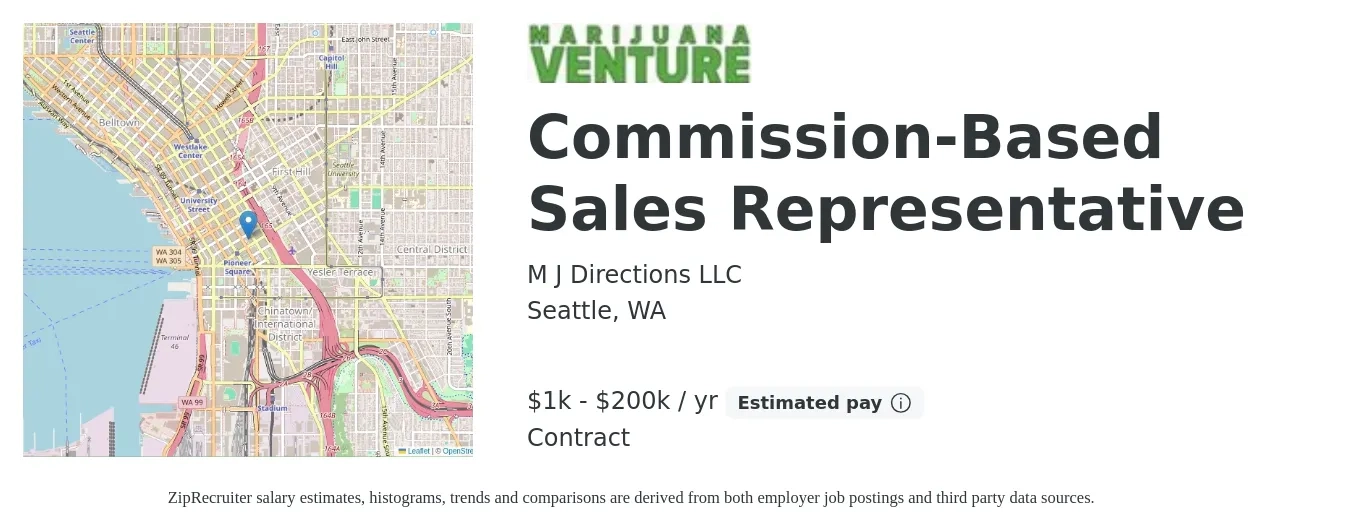 M J Directions LLC job posting for a Commission-Based Sales Representative in Seattle, WA with a salary of $1,000 to $200,000 Yearly with a map of Seattle location.