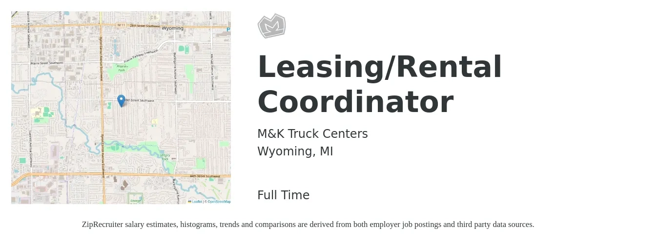 M&K Truck Centers job posting for a Leasing/Rental Coordinator in Wyoming, MI with a salary of $16 to $22 Hourly with a map of Wyoming location.