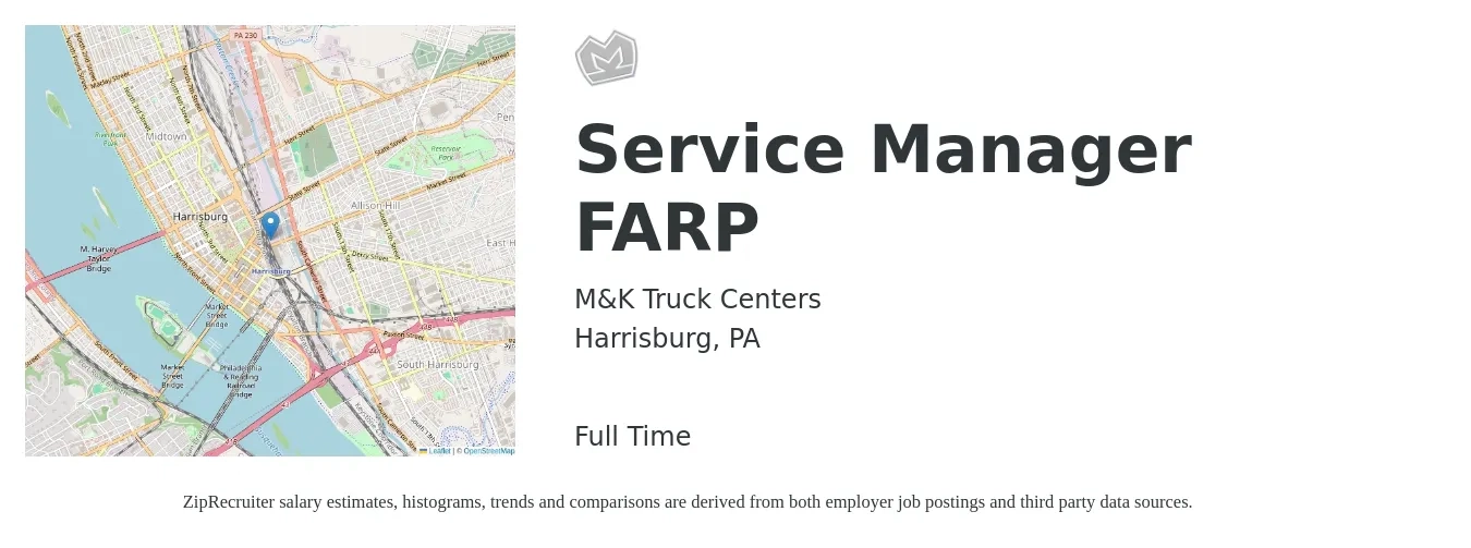 M&K Truck Centers job posting for a Service Manager FARP in Harrisburg, PA with a salary of $48,800 to $75,500 Yearly with a map of Harrisburg location.