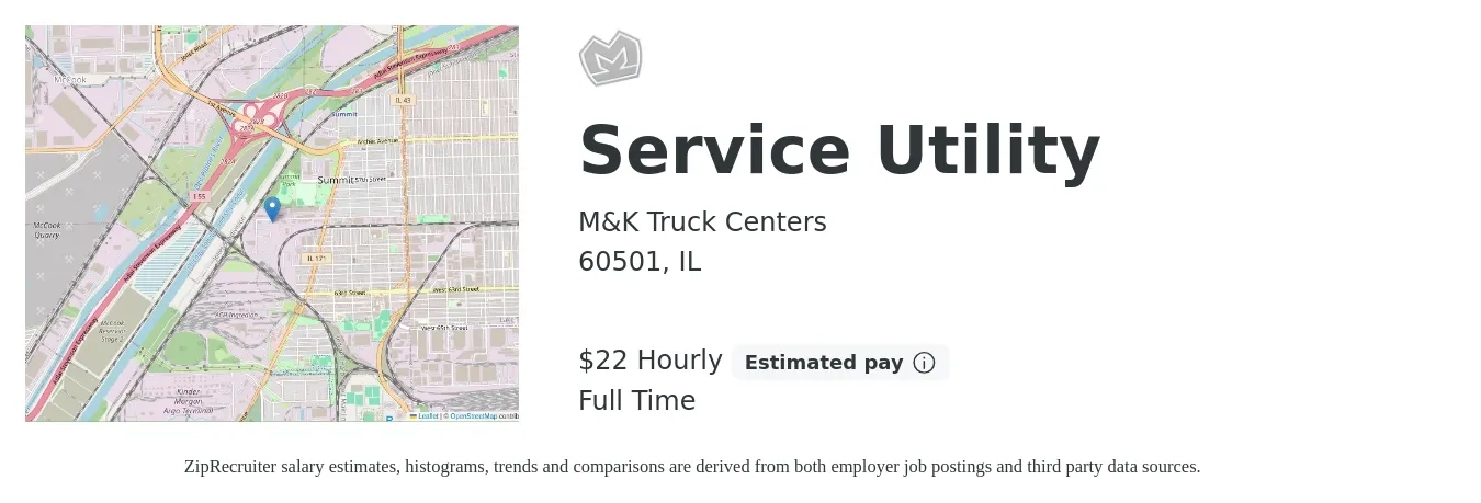 M&K Truck Centers job posting for a Service Utility in 60501, IL with a salary of $23 Hourly with a map of 60501 location.